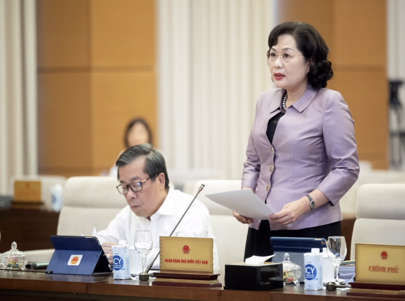Governor Nguyen Thi Hong provides the Government's briefing on the draft Law on Credit Institutions (amended) – Photo: quochoi.vn