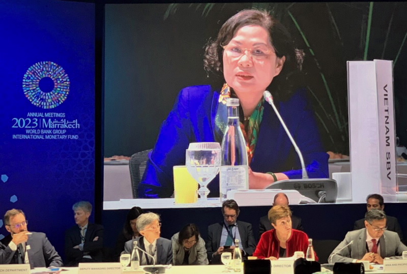Governor Nguyen Thi Hong speaks at the roundtable meeting between the IMF Managing Director and the ASEAN Central Bank Governors and Finance Ministers