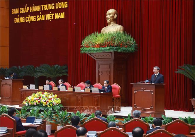 Hội nghị lần thứ 11 Ban Chấp hành Trung ương Đảng khóa XIII đã khai mạc trọng thể sáng 10/4 tại Thủ đô Hà Nội - Ảnh: TTXVN